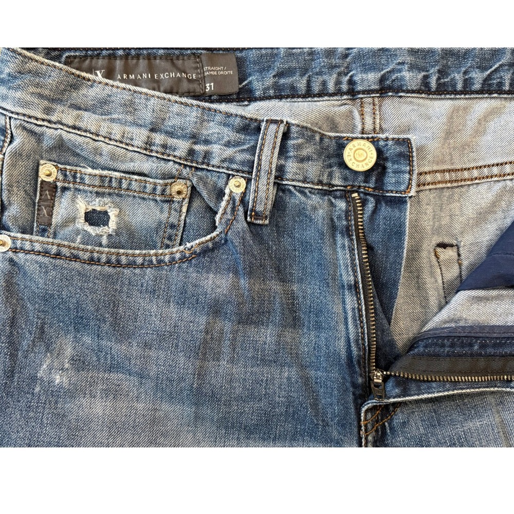 Armani Exchange Jeans Mens 31‎ Blue Straight Distressed Ripped Patch Denim - Picture 3 of 11